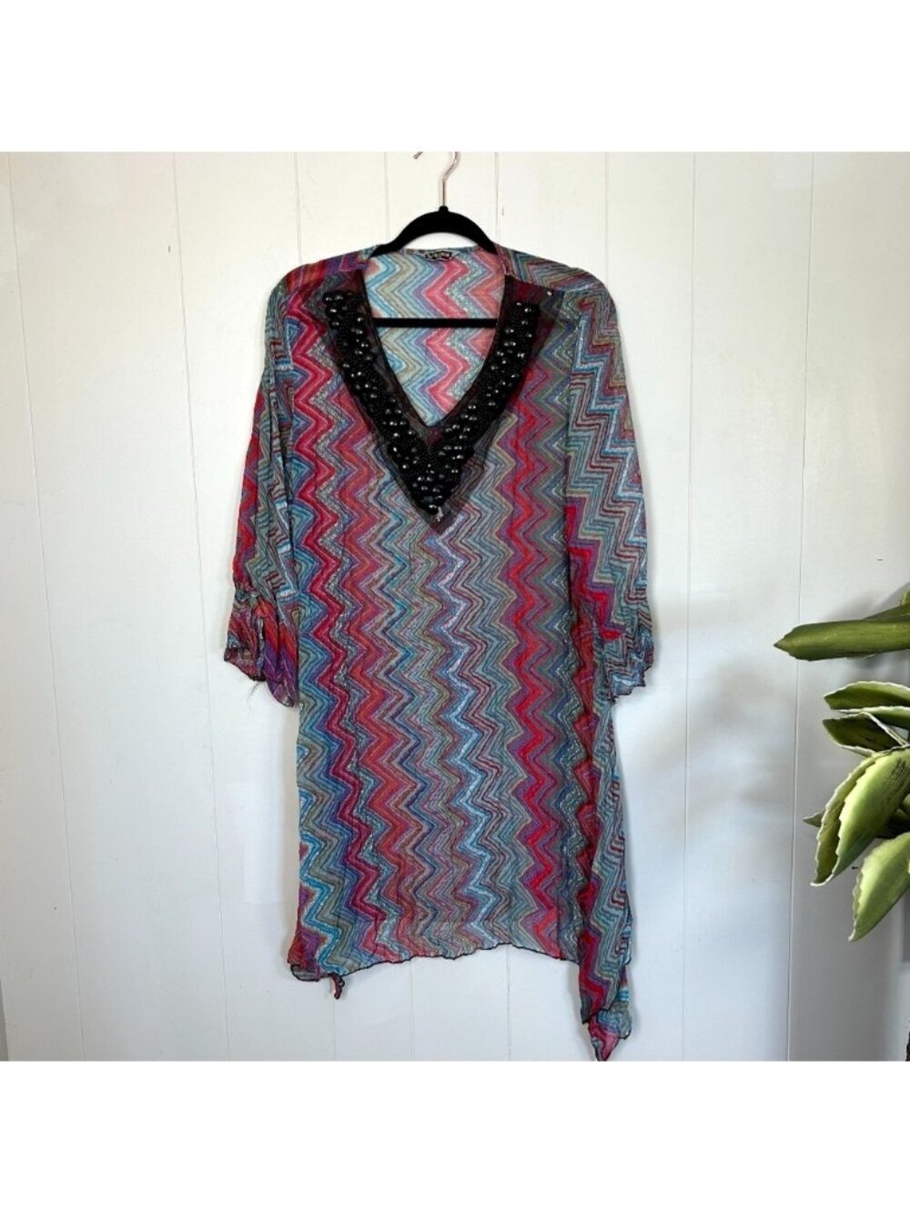 Foglie Rosse Sheer Bright Beaded Long Tunic Swim Cover-Up 3/4 Sleeves Boho beach